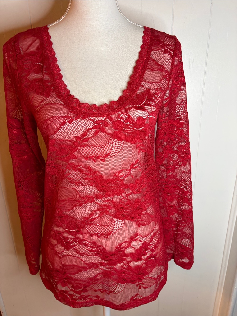 NWT A Rare Bird Red Sheer Lace V-Neck Top S/M